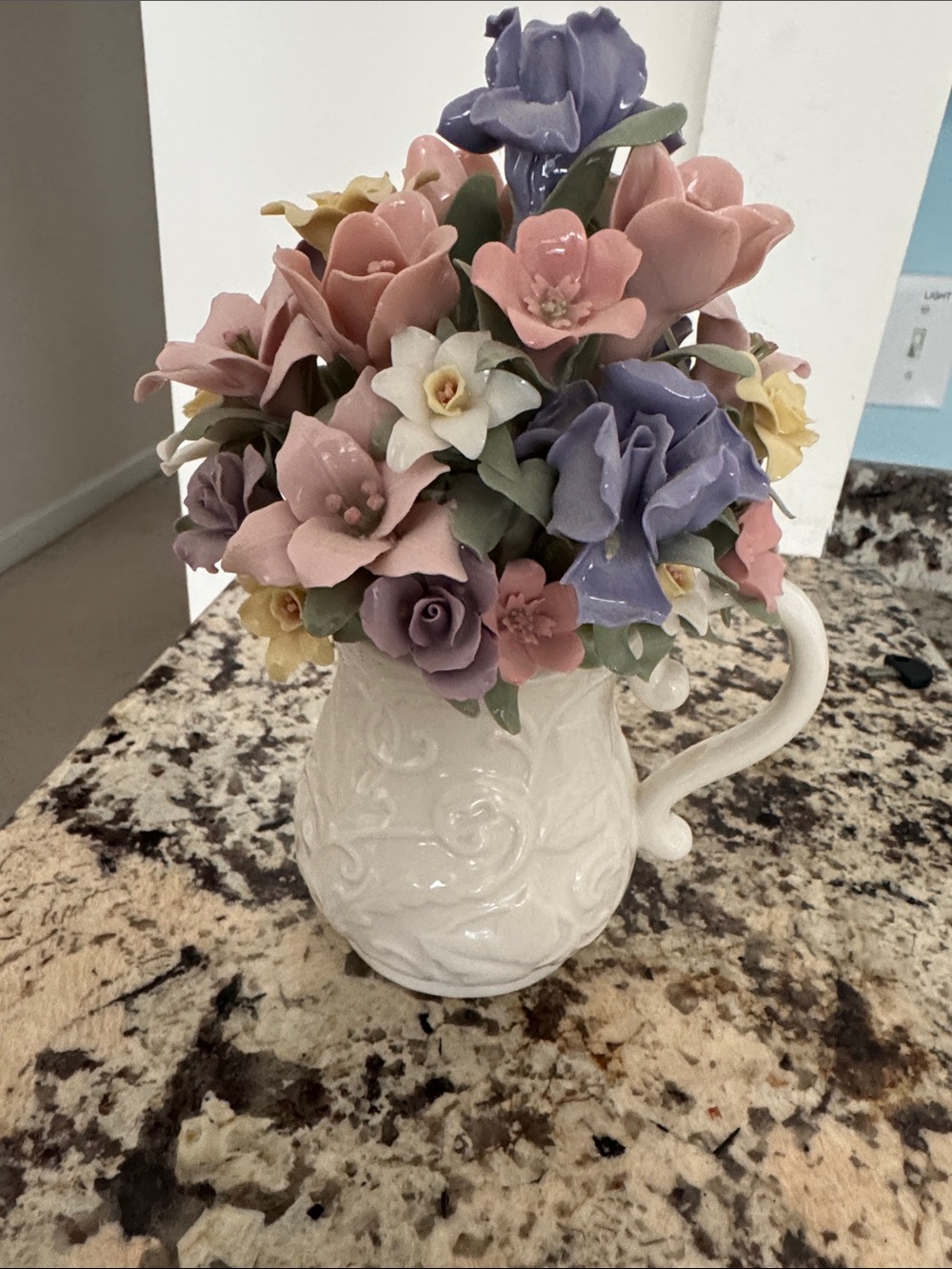 White Ceramic Pitcher with Pink, Purple and Yellow Porcelain Floral Bouquet